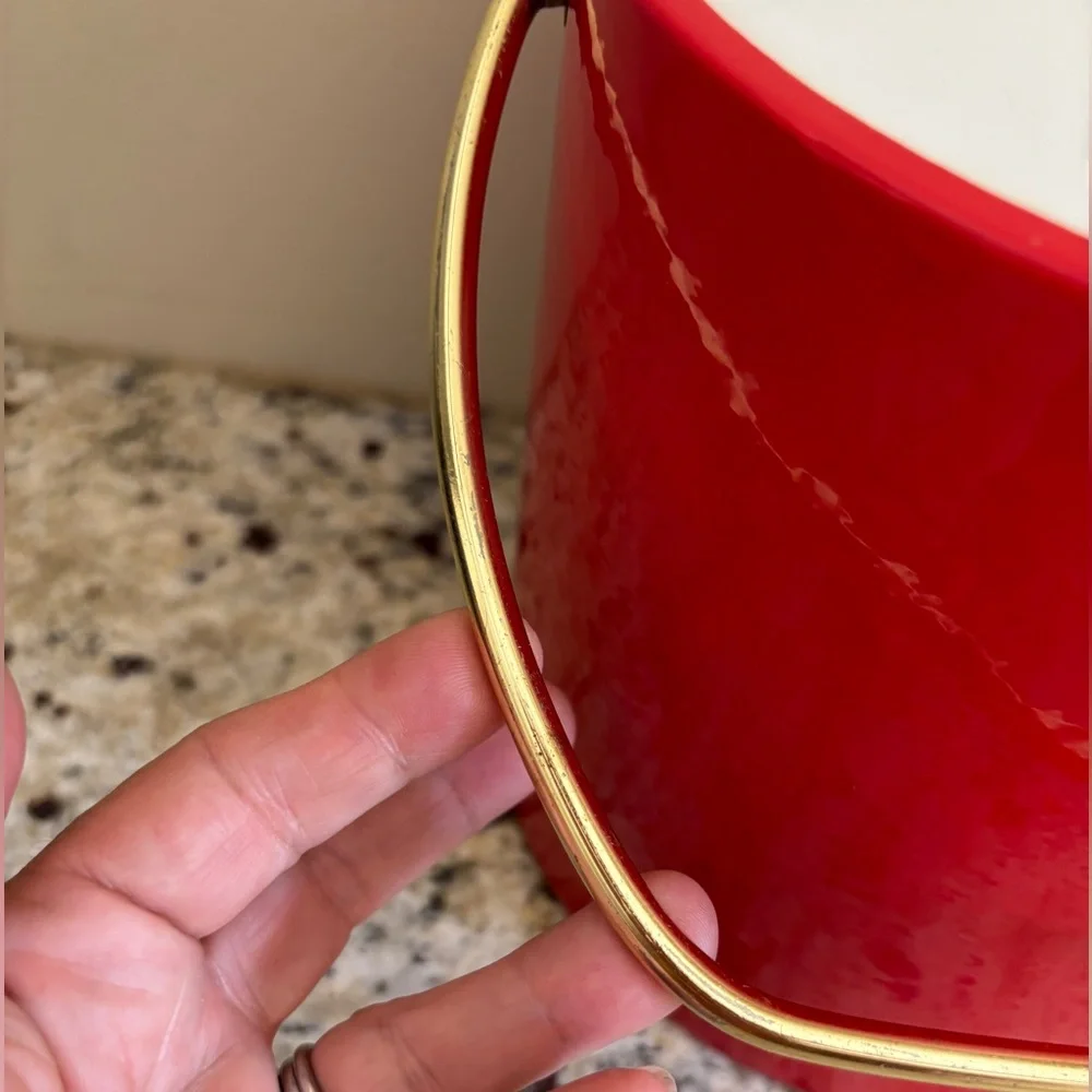 Vintage Mid-Century Bright Red Ice Bucket Barware USA Retro Mod Gold Handle